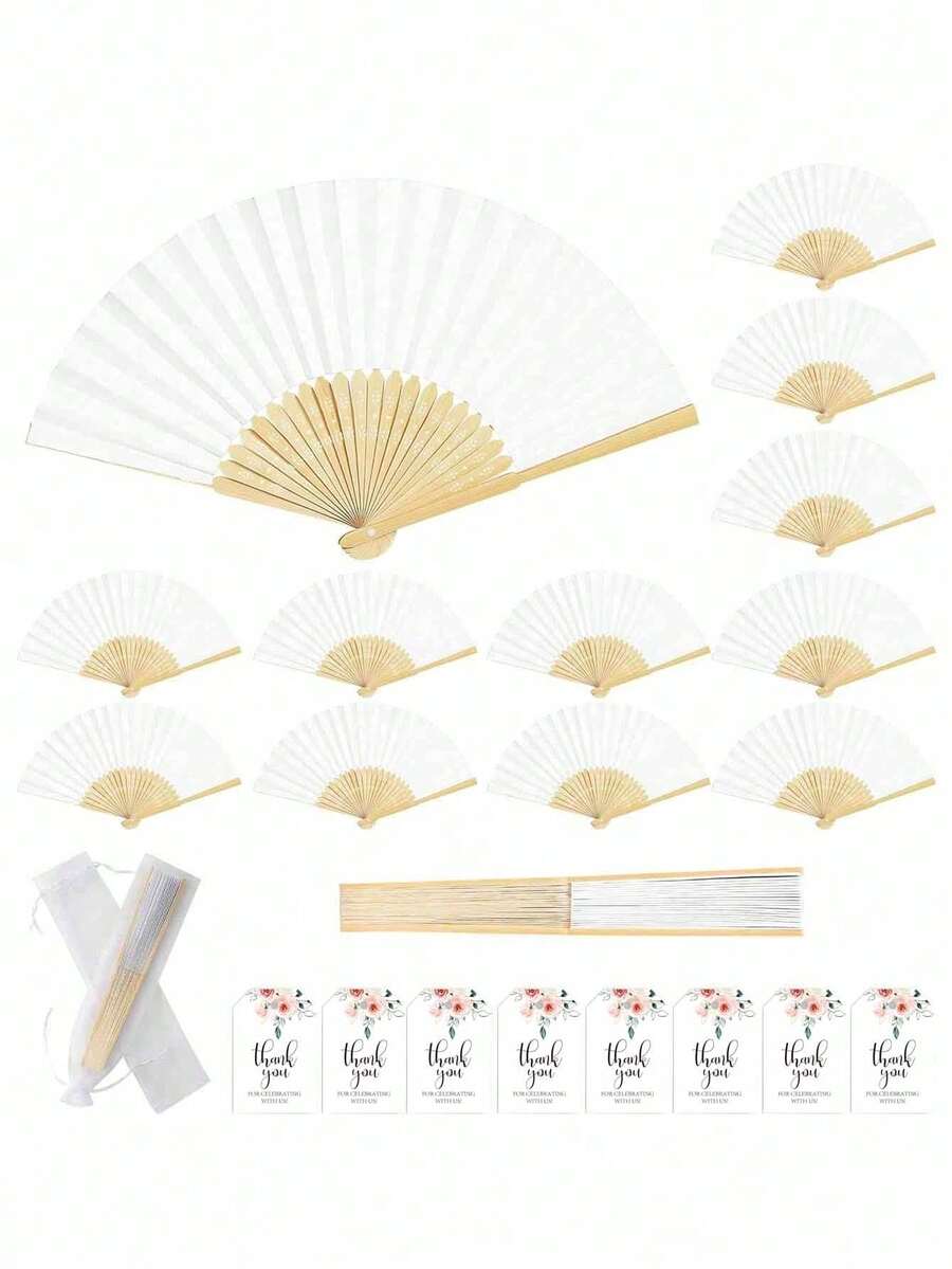 Elegant Folding Hand Fan Set, Includes Thank You Card And Gift Bag, Bride's Bamboo Hand Fan, Suitable As Bridesmaid Gift And Wedding Decor, Perfect For Parties, Events And Summer Accessories - White - View 1