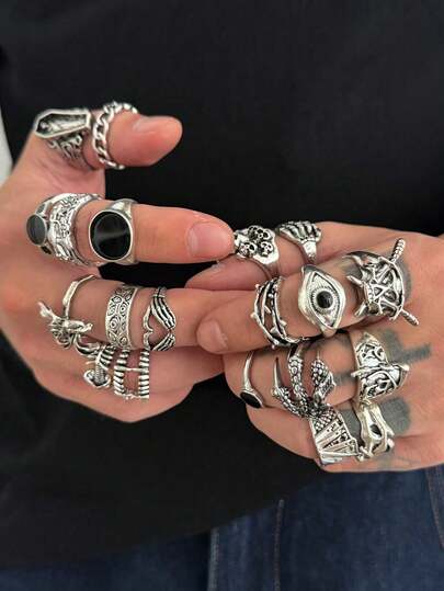 20pcs/Set Gothic Retro Exaggerated Geometric Multi-Element Skull, Devil's Eye, Spider Ring Set, Hip-Hop Fashion, Festival Party, Night Carnival, Casual Daily, Street Snap, Men & Women Couple Holiday Party Versatile Charm Jewelry Ring Gift