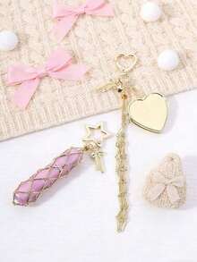 Creative Hanging Decor Heart & Star Pendant Net Bag, Stainless Steel Lipstick/Lip Balm Holder, Metal Keychain - Multicolor - View 4