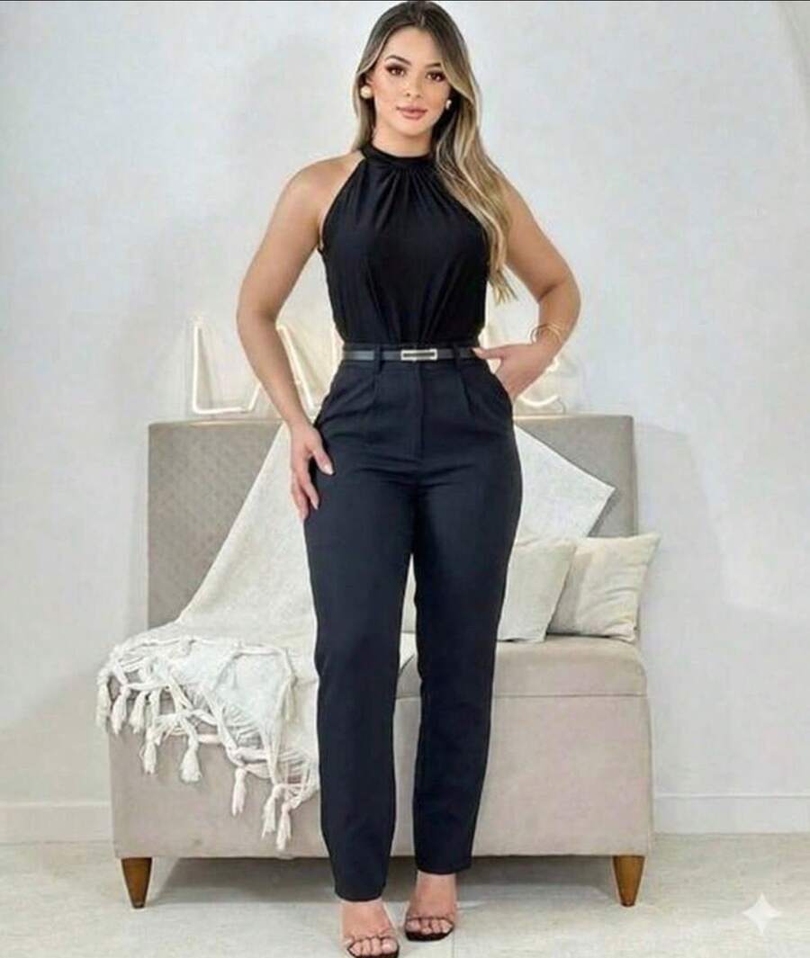 Women's Tailored Dress Pants With Belt, Sizes P To G3, Office Style, 2026 - Negro - Ver 1