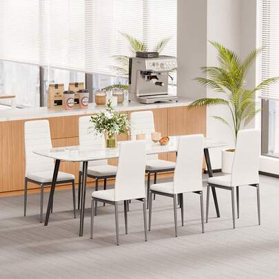 VEVOR Modern Dining Room Accent Chairs Set Of 6, Upholstered Leather Side Chair For Dining Tables, Space-Saving Kitchen Table Chair With Thick Cushions And Metal Legs, White