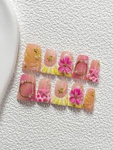 10件套甜美海洋风手工美甲套装，凝胶美甲套装，海马、海星美甲配件，手工捏制五瓣花美甲装饰，黄色和粉色指甲油，清新法式风格，附赠美甲工具（1张果冻贴纸+1把指甲锉），三种尺寸可选：杏仁形、鸭形、棺材形，适合聚会、日常、派对、拍照、玩乐、春夏、通勤等场合。 - 彩色 - 查看 14