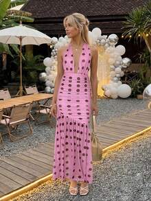 Elegant Halter Maxi Dress For Women, Polka Dot Print, Sleeveless, Open Back, Ideal For Parties And Date Nights. - 粉色 - 查看 2