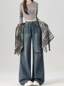 New Plaid One-Piece Waist Skirt With Decorative Drawstring, Unisex High Waist Tie-Up Versatile Skirt With Ruffle Hem Design, Suitable For Matching Family Outfits, Autumn/Winter - 橘色咖啡網格 - 查看 7