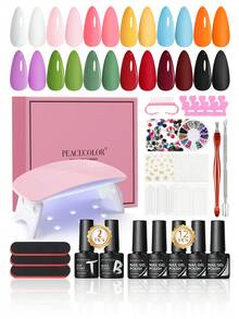 PEACECOLOR Pastel Macaron Gel Nail Polish Kit With UV Lamp Base Top Coat, UV LED Soak‑Off Summer Candy Color Nail Gel For Beginner Home Salon DIY Manicure - Multicolor - View 2