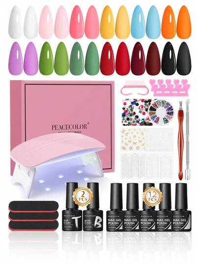  Bộ sơn móng tay gel PEACECOLOR Xuân Hè, Hồng Macaron, Cam, Xanh dương phối khối, 12 màu đầy đủ, bao gồm miếng dán đá lấp lánh, đèn làm khô móng, bộ dụng cụ khởi đầu hoàn chỉnh, hộp quà tặng.