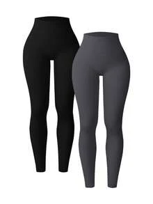 2 piezas Pantalones deportivos minimalistas sin costuras para mujer - Multicolor - Ver 1