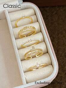 5pcs Fashionable Minimalist Delicate High-Grade Micro-Inlaid Zirconia Faux Pearl Heart Double-Layer Chain Design Unique Daily Versatile Adjustable Copper Rings Set (Excluding Gift Box) For Women - Yellow Gold - View 2