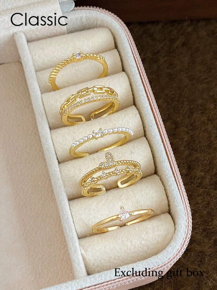 5pcs Fashionable Minimalist Delicate High-Grade Micro-Inlaid Zirconia Faux Pearl Heart Double-Layer Chain Design Unique Daily Versatile Adjustable Copper Rings Set (Excluding Gift Box) For Women