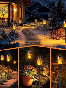 Solar Lantern Outdoor Flame Light LED Taller And Larger Flickering Flame Solar Flashlight IP65 Waterproof Outdoor Lighting Solar Aisle Light Christmas Decoration Garden Yard, 8/16 Pack - 均碼 - 查看 8