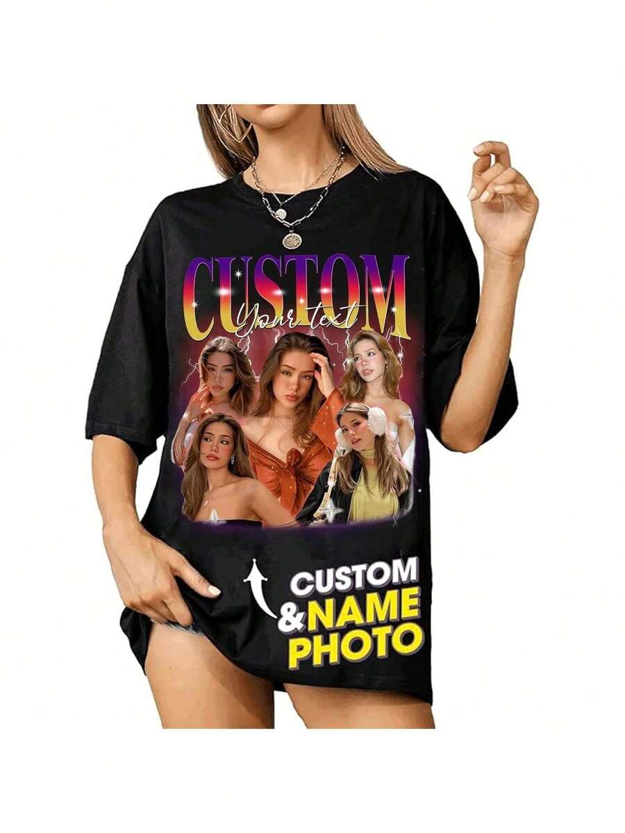 Custom Bootleg Rap Tee, Custom Your Photo, Custom Graphic Tees, Couple Shirt, Boyfriend Gifts, Girlfriend Shirt - 黑色 - 查看 1