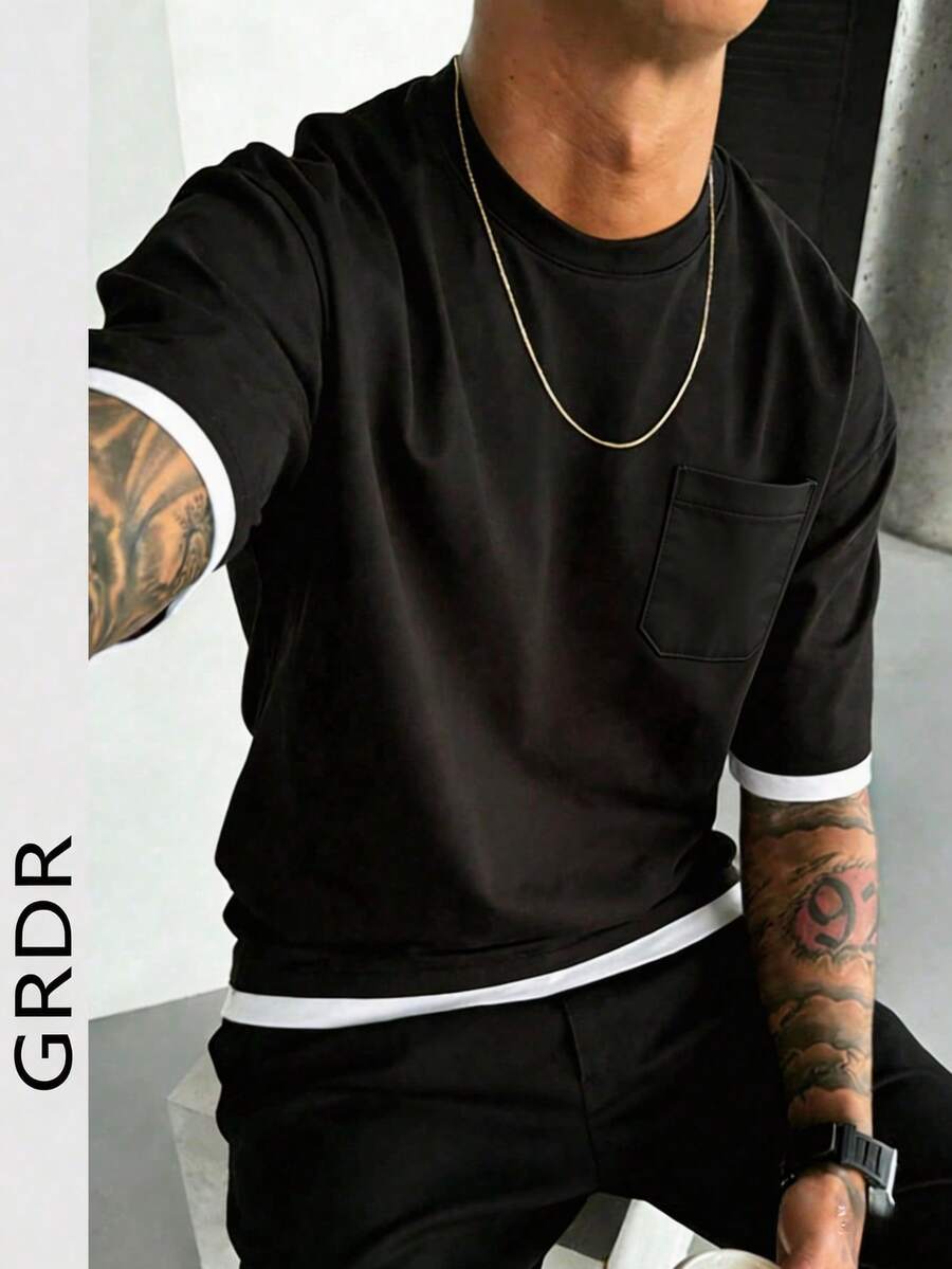 GRDR Men's Classic 2 In 1 Pocket Round Neck Short Sleeve T-Shirt, Fashionable Minimalist Commuting Versatile - Black - View 1