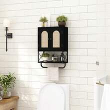 Rattan Bathroom Wall Cabinet, Boho Over The Toilet Storage Cabinet With Arched Rattan Doors, Modern Medicine Cabinet With Adjustable Shelves & Towel Bar, Small Rustic Oak Bathroom Organizer - Black - View 3