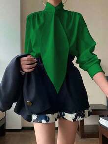 Plus Size Elegant Women Long Sleeve Shirt With Decorative Tie Collar - Solid Color Casual Spring - 綠色 - 查看 3
