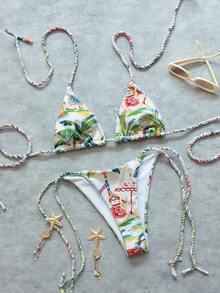 Bộ bikini tam giác in họa tiết động vật nhiệt đới Onefish gồm áo cổ yếm, dây buộc bện, dây buộc điều chỉnh phía sau, cúp ngực trượt, chi tiết nhún bèo ở phần ngực, độ che phủ tối thiểu, kiểu dáng gợi cảm, kết hợp với quần bikini buộc dây bên hông, cạp thấp, kiểu cắt cao, thích hợp cho kỳ nghỉ hè trên bãi biển. - màu xanh lá - Xem 3