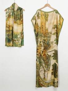 1件印花沙滩配饰度假围巾披肩，仿丝绸防晒，假日 - 綠色 - 查看 2