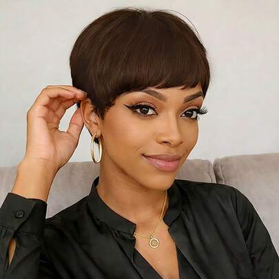 100% Brazilian Human Hair Wig Short Pixie Cut #4 Brown Straight Hair Elastic Mesh Cap Suitable For Daily Wear And Special Occasions - Women's Wig