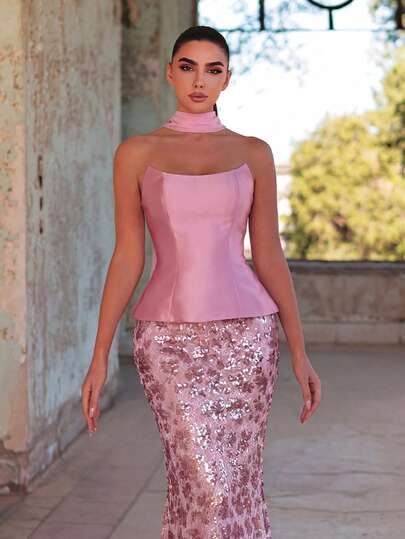 Faeriesty Vestido de noche de lujo para mujer - Vestido largo sin tirantes con cintura ceñida, diseño de espalda descubierta con lazo, falda con lentejuelas adecuado para asistir a galas, cenas formales y celebraciones de aniversario