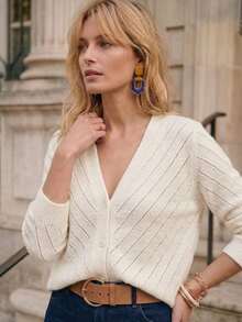 Women's V-Neck Drop Shoulder Long Sleeve Casual Single-Breasted Hollow Knit Cardigan, Autumn - Apricot - View 3