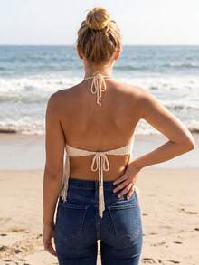 Women Tank Tops Halter Neck Sleeveless Open Back Tassel Hem Summer Crochet Crop Vest For Vacation Beach ,Summer Tops For Women - Màu Khaki - Xem 4