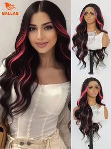 Pink Highlight Lace Front Wig - 13*4 Inch, Body Wave, Synthetic, Glueless, Long Wavy For Daily Use - Pink Highlight - View 1