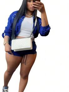 2PC/1set Women's Clothing Sexy Hot Girl Long Sleeve Zipper Contrast Color Ribbon Shorts Women's Two-Piece Set - 深藍色 - 查看 5