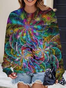 Plus Size Women's 3D Multicolor Mandala Flower Print Sweatshirt - Soft Crewneck Pullover Sweater With Turquoise/Purple/Pink/Green/Blue/Yellow/Orange Hues, Casual All-Season Wear, Washable Cozy Sweater Gifting - 彩色 - 查看 4