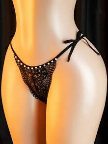 Women's Sexy Lingerie, Bowknot Thong - Black - View 4