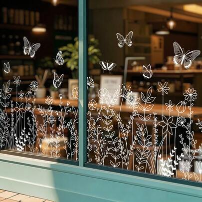 1pc White Floral & Butterfly Window Cling Sticker, Double-Sided Transparent Glass Static Sticker, Suitable For Bedroom, Living Room And Corridor Display
