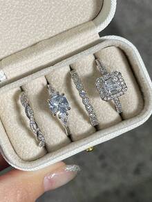 Set de 4 anillos con piedras de circonita cúbica elegantes en caja de regalo, adecuado para mujeres, aplicable para boda, compromiso, fiesta de aniversario, regalo de joyería para el Día de San Valentín y talla grande - 1# - Ver 4