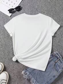 "Summer New Style Ins  Denim Floral Embellished T-Shirt, White Base With A Refreshing Texture, Regular Fit, Comfortable Fabric, Casual Everyday Top" -- Circle Print Pattern - White - View 2