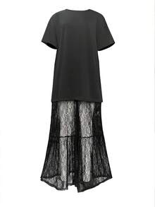 女士圆领撞色蕾丝连衣裙，性感休闲针织面料连衣裙，夏季黑色优雅款 - 黑色 - 查看 8