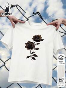 2026 Rose Print Plus Size Women's Casual Cotton Short Sleeve Top, Soft Fabric, Outdoor Wear, Oriental Aesthetic Street Style T-Shirt - 100% Premium Cotton Short Sleeve T-Shirt, 2026 Back To School Inspiration, First Day Of School , Fashion, Collegiate Style White Summer - White - View 3