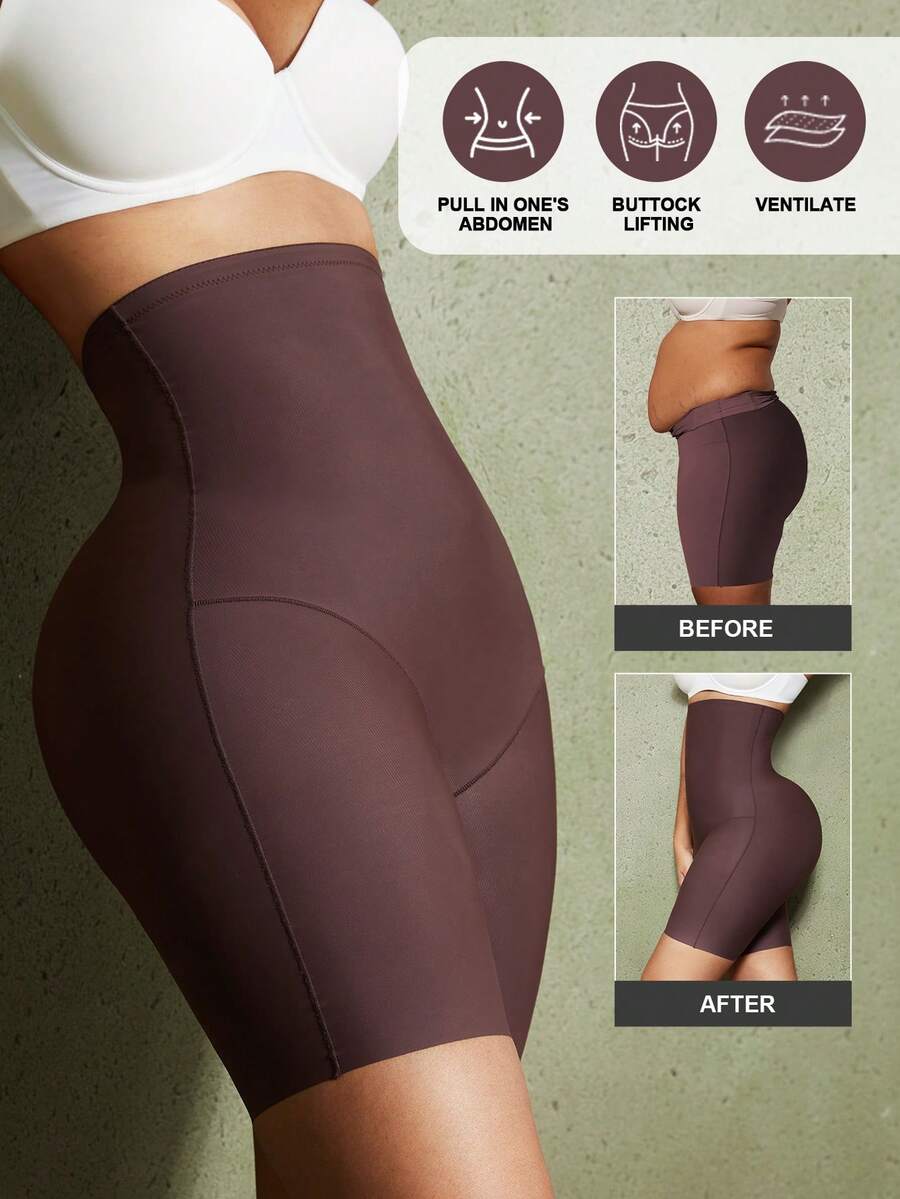 1 pieza Pantalones sin costuras de cintura alta con control abdominal para mujer, ropa interior moldeadora con compresión ajustada para dar forma a la Bottom del Body, faja reductora para entrenamiento de cintura - Óxido marrón - Ver 1