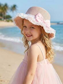 1 pieza Sombrero de paja con gran lazo rosa y volantes ondulados para niñas, sombrero de paja transpirable y ligero para protección solar en verano, playa/deportes al aire libre, apto para niños de 3 a 8 años - 1PC - Ver 8