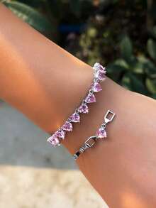 1 chiếc vòng tay hình trái tim tuyệt đẹp đính đá Cubic Zirconia màu hồng, mạ bạc, thích hợp cho nữ dự tiệc đính hôn/cưới, có kèm dây nối dài. - Hồng - Xem 5
