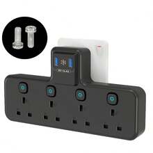 PASSUS 4-Outlet Wall Tap With Independent Switch Control And Power Indicator Light - Modern Black Design, With Surge Protector, Suitable For 110-250V Home, Office, Kitchen, UK Plug, Power Strip, Multifunctional Power Solution - View 1