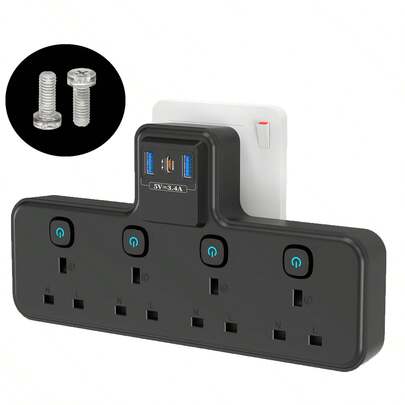 PASSUS 4-Outlet Wall Tap With Independent Switch Control And Power Indicator Light - Modern Black Design, With Surge Protector, Suitable For 110-250V Home, Office, Kitchen, UK Plug, Power Strip, Multifunctional Power Solution