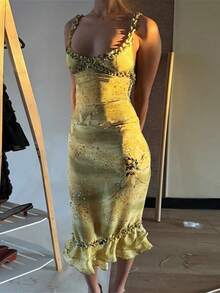 Floral Print Ruffle Trim Two Piece Set V Neck Low Cut Cami Top Bodycon Midi Skirt 2026 New Fashion Outfit For Women - Green - View 1