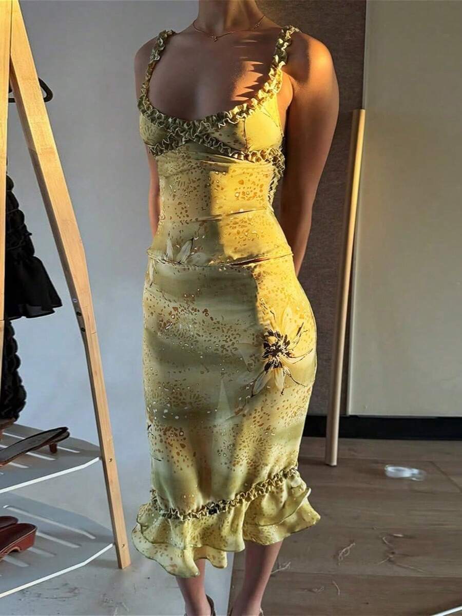 Floral Print Ruffle Trim Two Piece Set V Neck Low Cut Cami Top Bodycon Midi Skirt 2026 New Fashion Outfit For Women - Green - View 1