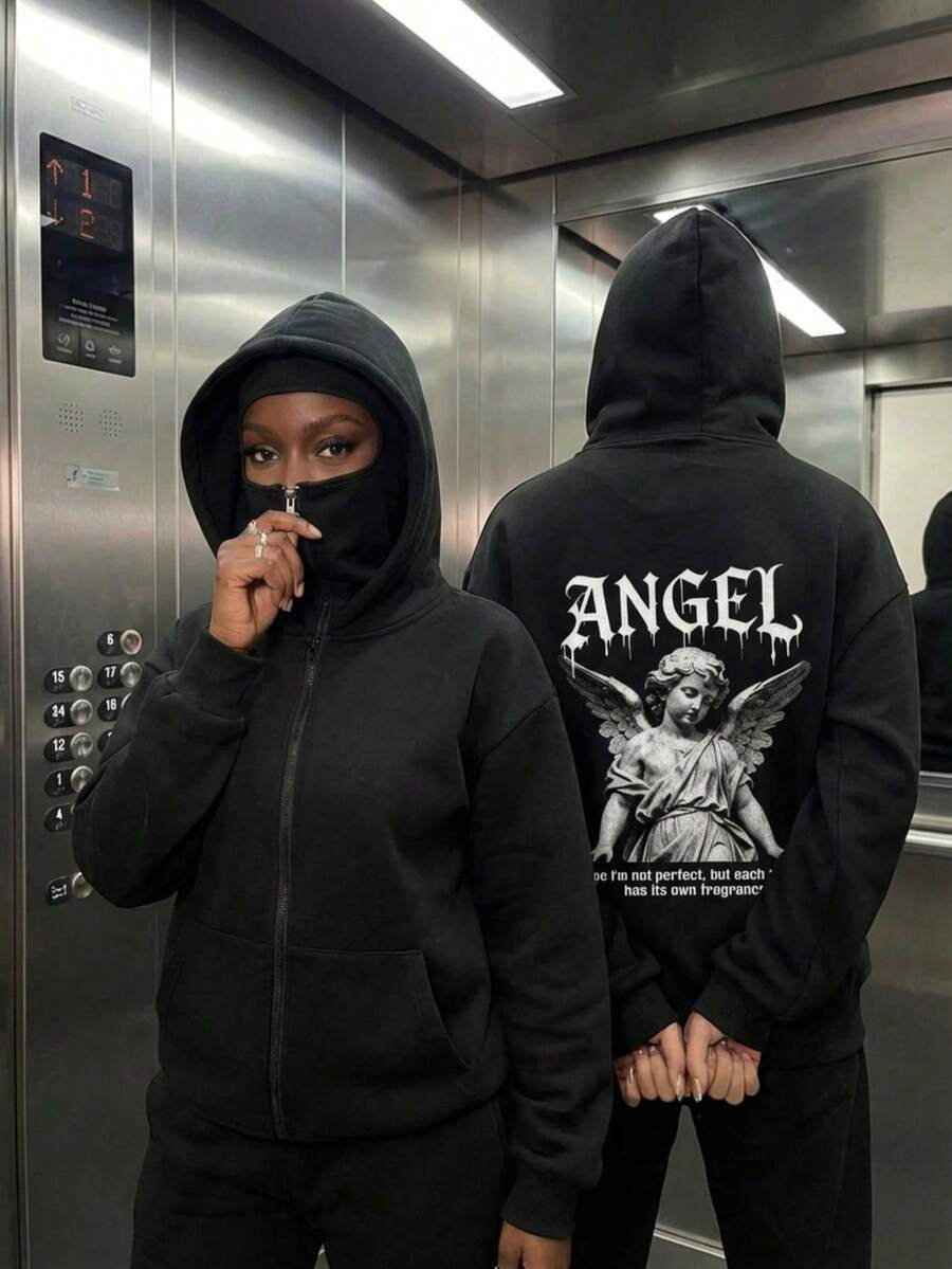 天使印花拉法帽/面罩，加长款，女士拉链卫衣/带口袋卫衣，适合秋冬春三季，也适合万圣节、圣诞节等场合，可作外套、时尚单品、街头服饰、Y2K风格。 - 黑色 - 查看 1