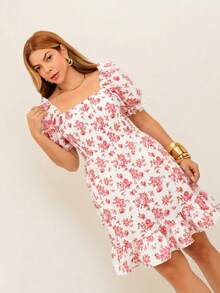 RAINBOW Women's Short Princess Floral Dress With Puff Sleeves And Elasticated Fabric - Elegant Fashion - One Size Fits 36-42 (Brazilian Sizes) - Crepe Fabric - 128-ROSA BB - 查看 6