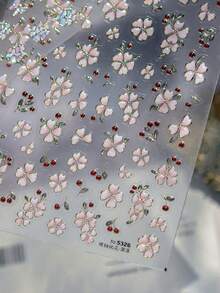5D 浮雕夏季粉色三葉草美甲貼紙，金色輪廓花卉配紅櫻桃與綠葉自黏式美甲貼花，優雅浪漫美學 DIY 美甲裝飾，適用於居家沙龍美甲與穿戴甲配件，1 張 - 粉色 - 查看 3