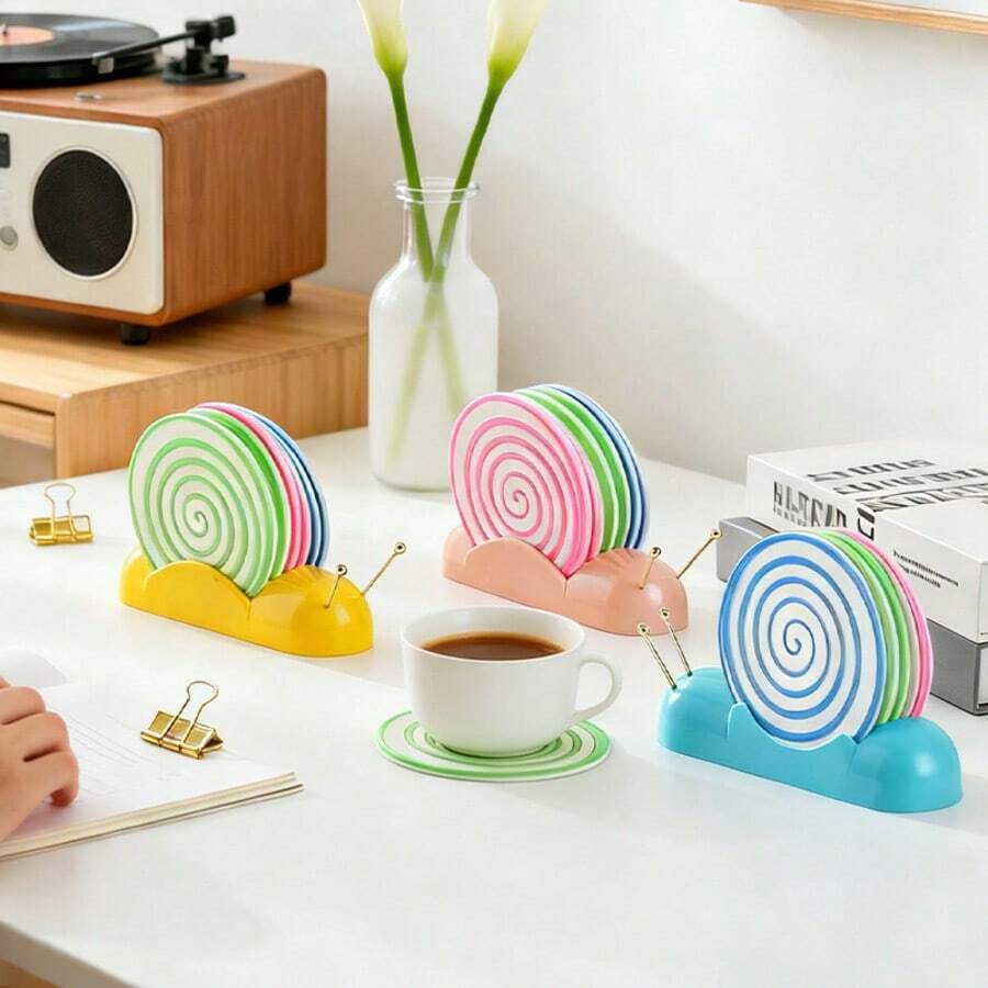 Bộ 6 đế lót ly hình ốc sên hoạt hình dễ thương, làm bằng nhựa PP, chống trượt và cách nhiệt, vật trang trí thiết thực cho nhà bếp và phòng khách. - Hồng - Xem 1