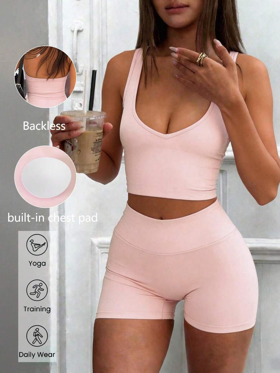 GAOVOT Women's Sexy V-Neck Camisole Top And High Waist Shorts Set, Suitable For Yoga, Fitness, Running, Pilates And Gym Pink Summer - 粉色 - 查看 1