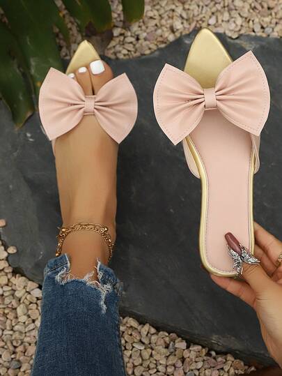 Giày sandal đế bằng nữ kiểu dáng thường ngày, thích hợp cho đi biển, dự tiệc, công sở, đi làm, gợi cảm, thanh lịch, thoải mái, mềm mại, có nơ và đính đá, mũi nhọn, phù hợp mang hàng ngày.