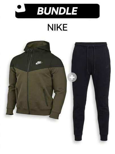 Nike Jacket & Jogger Set Quick Dry Easy To Wash Warmth Windproof Breathable Lightweight Versatile Daily Outdoor Men Olive Green & Black