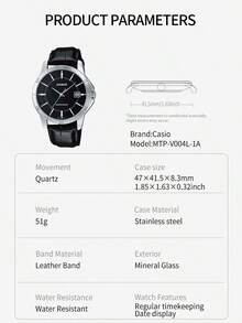 Casio STANDARD系列男士石英表，黑色表盘，黑色皮表带，简约腕表，配饰，品牌礼品，商务/休闲皆宜，日期显示，时尚男士腕表，奢华配饰，送礼佳品，男士石英表，黑色腕表，原装表盒，韩国腕表，男士穿搭配饰 MTP-V004L-1A - 黑色 - 查看 4
