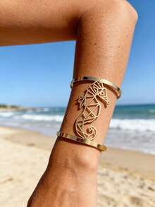 1 pieza Brazalete abierto con patrón geométrico hueco asimétrico, estilo elegante y sexy, estilo europeo y americano, nuevo diseño de caballito de mar hueco, joyería de moda para divas sexys, adecuado para fiestas, galas, vacaciones, todo el año, regalo festivo - Dorado - Ver 3