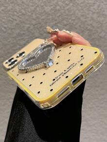 2PCS Luxury BlingBling Polka Dot Glitter Rhinestone Heart Mirror Stand Shockproof Phone Case Compatible With IPhone 17Pro Max 17Pro 17 17Air 16Pro Max 16Pro 16PLUS 15Pro Max 15Pro 14Pro 14Pro Max 16 15 14 13 12 11 Lens Protection Back Case - Yellow - View 5
